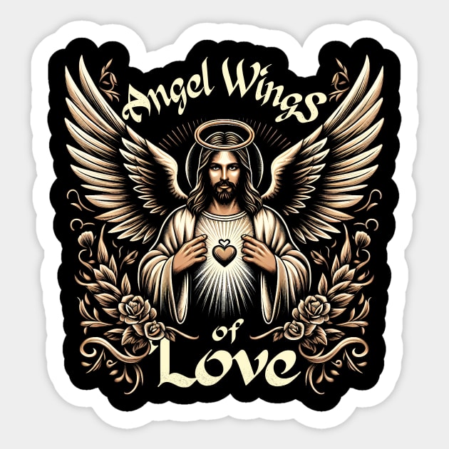 Angel Wings of Love, Jesus with outstretched arms embraces his heart Sticker by ArtbyJester